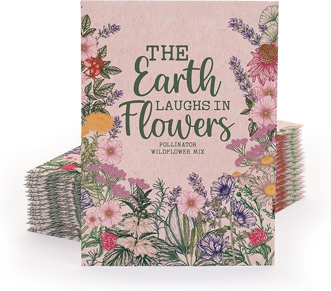 Bentley Seed Co. | The Earth Laughs in Flowers | Beautiful Illustrated Flower Design Art and Quote | Environmental Favor | Pollinator Wildflower Mix Seed Packets | Eco-Friendly Hand Out Gift | 25 Pack