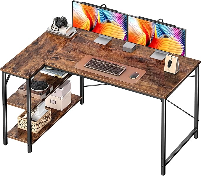 Huuger 47 Inches L Shaped Desk, Computer Desk with Reversible Storage Shelves, for Gaming Corner Home Office Writing Study, Metal Frame, Rustic Brown