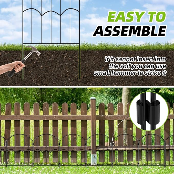 24 Panels Decorative Garden Fence Dog Fence Outdoor for Yard 26ft (L) X 2ft (H) Black Animal Barrier with No-Dig Stakes Arched Rustproof Metal Wire Decorative for Flower Landscaping and Garden Edging