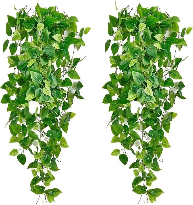 Fake Hanging Plants Vines(2pcs)for Room Decor, Artificial Ivy Greenery Garlands for Home Bedroom Living Aesthetic Kitchen Office Wall Patio Bookshelf,Indoor,Outdoor Farmhouse Decorations(No flowerpot)