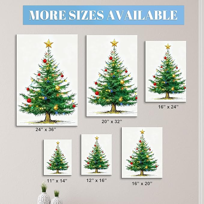 Framed Christmas Pictures Wall Decor,Vintage Pine Tree Prints,Winter Christmas Canvas Wall Art Decoration for Bedroom Bathroom Living Room Rustic Xmas Holiday Gifts (Christmas Tree 7, 24'' X 36'')