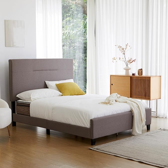 Livinia Amelia Queen Size Platform Bed, Fabric Upholstered Queen Bed Frame with Height Adjustable Headboard Footboard, Strong Wood Slats, No Box Spring Needed, Brown