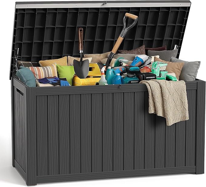 ROJIK Outdoor Storage Housing Deck Box,Waterproof Patio Furniture, Garden Tools,Cushions,Pool Accessories Storage Bench with Lockable Lid and Side Handles (Black,280 Gal)