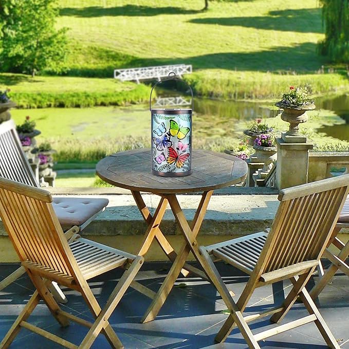 Afirst Hanging Solar Lantern - Decorative Outdoor Glass Solar Butterfly Lights Waterproof Led Tabletop Lamp for Garden Yard Patio Decor