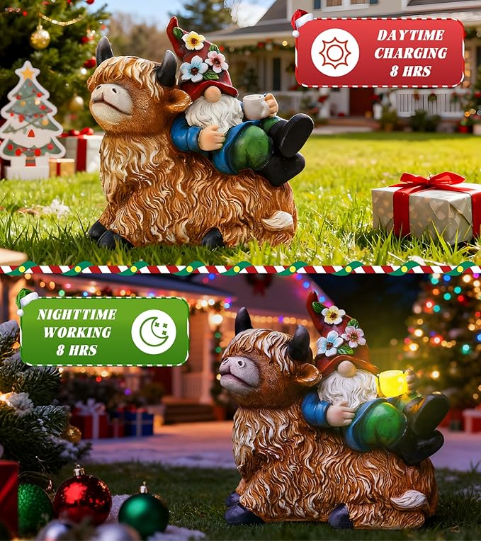Christmas Garden Gnomes Statues Sitting On Highland Cow, Hold Solar Cup, Outdoor Decorations for Patio,Yard, Highland Cow Christmas Decorations