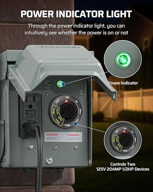 DEWENWILS Outdoor Outlet Box with 20 AMP WRTR GFCI Receptacles, Countdown Function & 4/8 Hrs Cycle, 125V/2500W, 1/2hp Rainproof 3R Enclosure, Outdoor Electrical Outlet Box for Decor, Yard