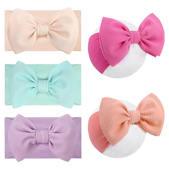 5Pcs Soft Stretchy Baby Girl Headbands 6’’ Nylon Hair Bows for Girls Toddler Hair Accessories Newborn Infant Headband Bows