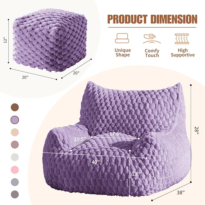 Bean Bag Chair with Ottoman - Modern Comfy Beanbag Sofa with Footrest, Soft Faux Fur Lounger Chair for Adults Teens, Cozy Memory Foam Filled Gaming Reading Chairs for Bedroom, Living Room (Purple)