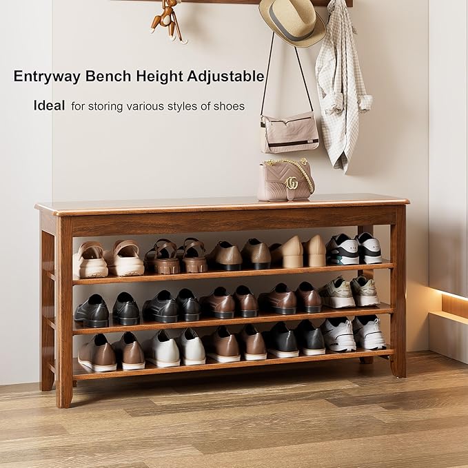 Shoe Storage Bench for Entryway - 4 Tier Shoe Rack for Front Door Entrance, Rubberwood Shoes Rack Height Adjustable, Entryway Bench with Shoes Storage for Any Room (Walnut, 47.2" W)