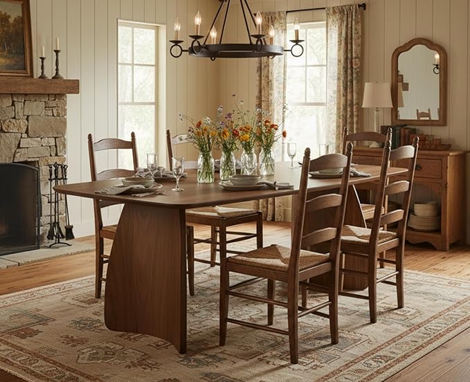 70 Inch Large Dining Table for 6-8 People, Solid Wood Kitchen Table with Curved Wooden Legs, Mid Century Modern Rectangular Long Dinner Table for Dining Room, Walnut