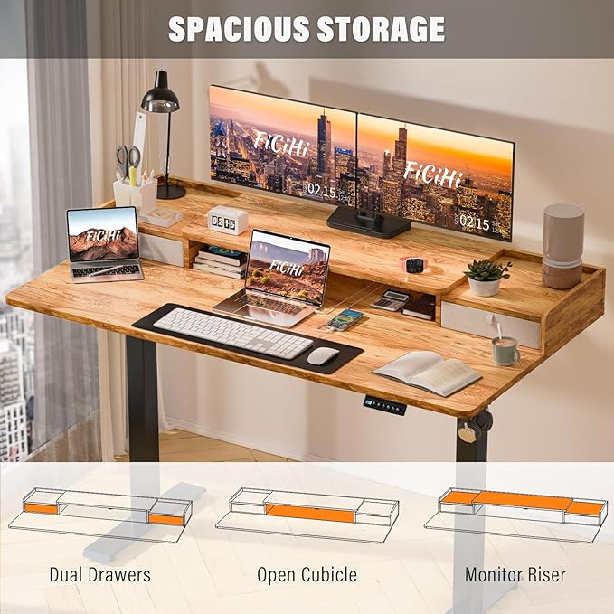48x30 Inch Electric Standing Desk with Drawers & Widen Desktop, Thickened Desk Frame, Adjustable Height Sit Stand Up Table, Home Office Computer Desk with Cable Management, Light Rustic