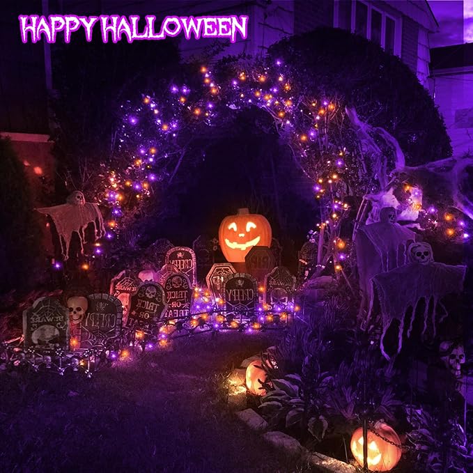4 Pack Halloween Solar Fairy Lights 131.2Ft 400 LEDs Outdoor Twinkle Lights with 8 Modes, Waterproof Silver Wire String Lights for Garden Patio Party Decorations (Orange Purple)