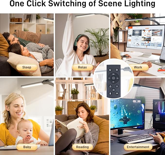 LED Desk Lamp for Home Office, Eye-Caring Desk Light with Clamp, 24W Double Head Architect Task Lamp Stepless Dimming, Flexible Gooseneck Bright Table Lamp for Study Reading Workbench Drafting