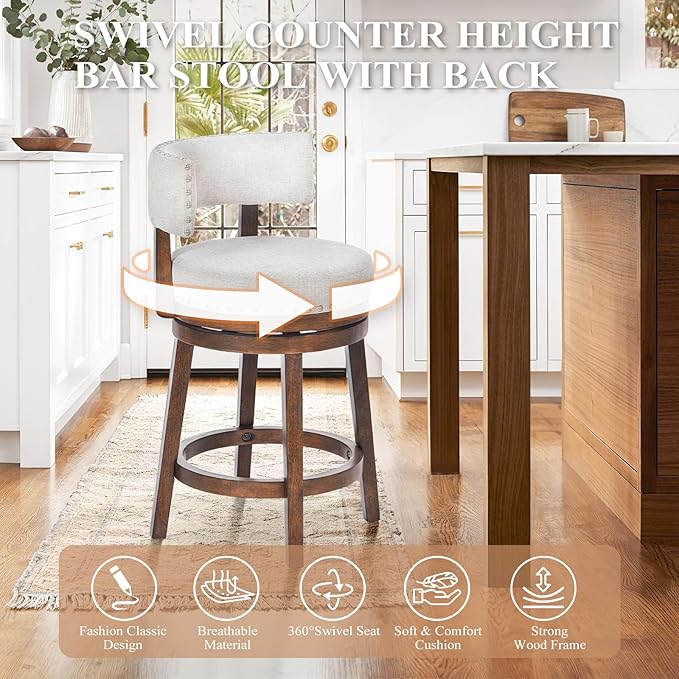 COLAMY Swivel Bar Stools Set of 4, Swivel Counter Height Barstools with Back, 25 Inch Modern Upholstered Bar Stools for Kitchen Island Dining Room Bar, Beige