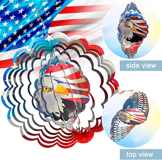 American Flag Wind Spinner - Patriotic Eagle Design | 12In 3D Holographic Hanging Wind Sculptures & Spinners, Outdoor Yard & Garden Decor for 4th of July, Memorial Day | Gift for Men, Women