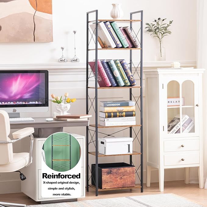 HCHQHS Narrow Bookshelf, Adjustable 6-Tier Industrial Bookcase, Rustic Open Book Shelf, Freestanding Tall Bookshelves with Metal Frame