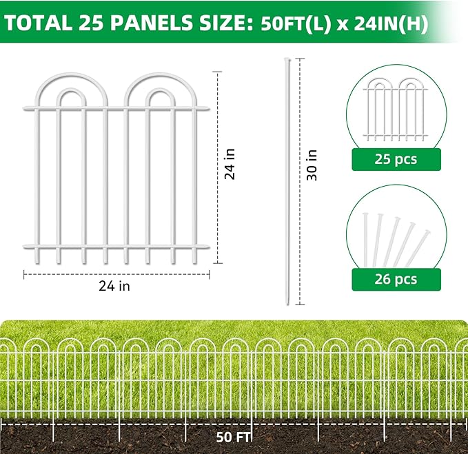 25 Panels Decorative Garden Fence, 24 in(H) X 50 ft(L) No Dig Dog Fence Outdoor for Yard, Rustproof Metal Garden Fencing Animal Barrier with Ground Stakes, Temporary Fencing for Patio Outdoor, White