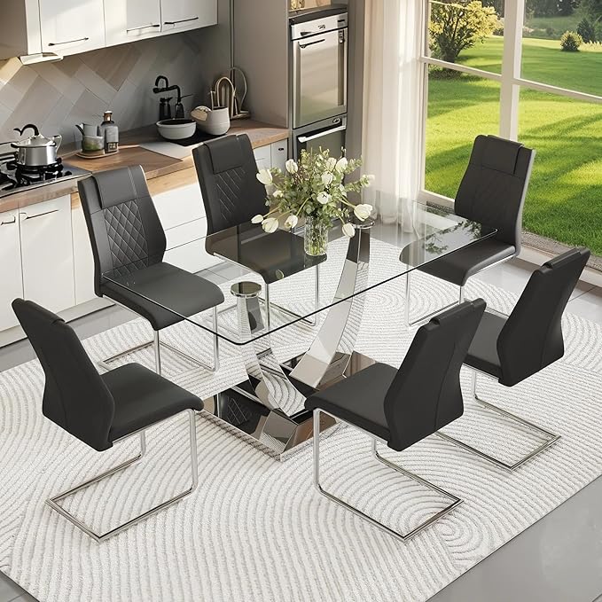 AZmac 63” Glass Dining Room Table Set for 6, Modern Kitchen Table and Chairs Set of 6, Dining Sets with Rectangular Tempered Glass and Sturdy Silver Chrome Base, for Kitchen Home