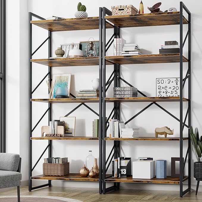 Shintenchi 2 Pieces 5 Tiers Bookshelf, Classically Tall Bookcase Shelf, Industrial Book Rack, Modern Book Holder in Bedroom/Living Room/Home/Office, Storage Rack Shelves for Books/Movies-Rustic Brown