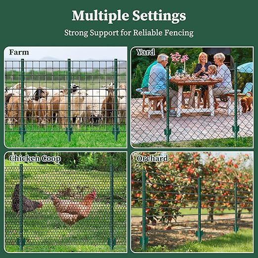 20 Pack Metal Fence Posts, 3ft Heavy Duty U-Post, Green Garden Stakes, No-Dig Post Anchors for Wire Fences, Temporary Fencing, Electric Fence, and Corner Support
