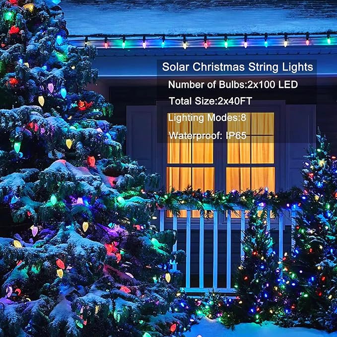 Solar String Strawberry Lights Outdoor 2 Pack 200 LED 80Ft Multi-Color Christmas Fairy Lights with 8 Lighting Modes, Waterproof Solar Lights Outdoor for Garden Christmas Wedding Xmas Tree Decoration