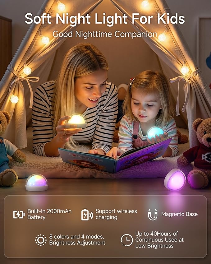 ZEEHOO Rechargeable Night Light, Portable Wireless Charging Egg Lamp, 2000mAh, Dimmable LED Night Light (8 Colors, 4 Modes), Mini Light for Kids, Toddler, Gift,Christmas Decorations