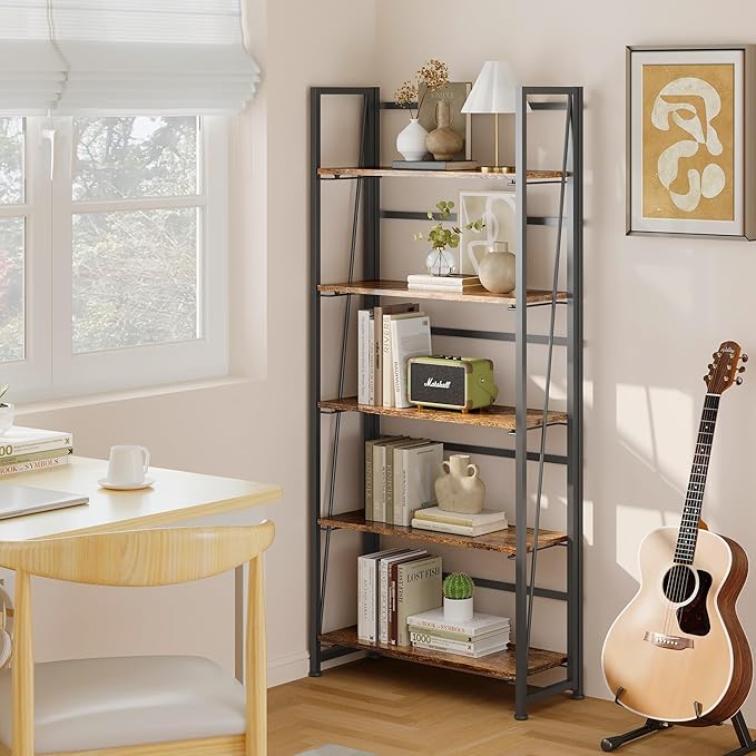 BHG Vintage Multifunctional Folding Bookshelf, No-Assembly Plant Stand Storage Rack Shelves for Home Office (Fire, 5-Tier)