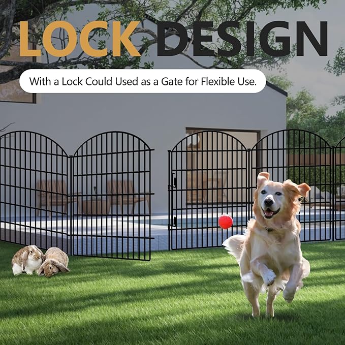 10 Panels Decorative Garden Fence with Lock, 40in (H) X 22.31ft (L) No Dig Dog Fences Outdoor for Yard, Rustproof Tall Animal Barrier Fencing, Metal Panels Suitable for Yards Border, Patio Use
