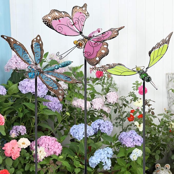 Juegoal 34 Inch Butterfly Garden Stakes Decor, Dragonfly Hummingbird Stakes, Glow in Dark Metal Yard Art for Mom, Mothers Day Ideal Gifts, Indoor Outdoor Lawn Pathway Patio Ornaments, Set of 3