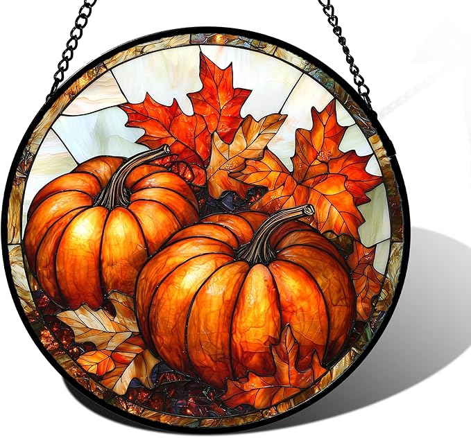 Stained Glass Window Hanging, Pumpkin Maple Leaf Suncatcher for Doors Home Sun Catchers Decoration and Christmas, Mother's Day Birthday Gifts for Women, Men, and Mom 6.3 in