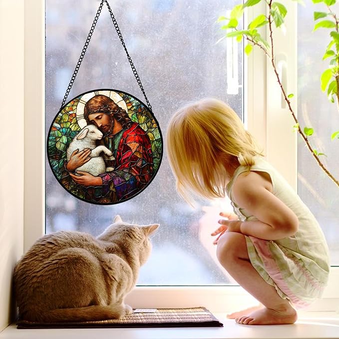 Stained Glass Window Hanging, Jesus Little Lamb Sun Catchers Colorful Glass Panel Christianity Suncatcher Decor for Birthday for Women, Men, Wife, Aunt, and Mom 9.8 in