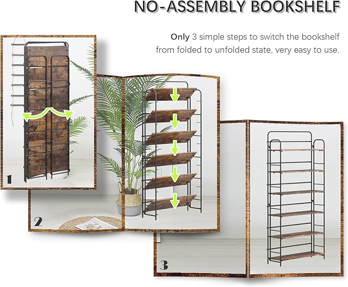 4NM No Assembly Folding Bookshelf 6 Tiers Vintage Industrial Black Book Shelf Metal Foldable Storage Bookcase and Bookshelves for Living Room,Bedroom and Kitchen - Rustic Brown