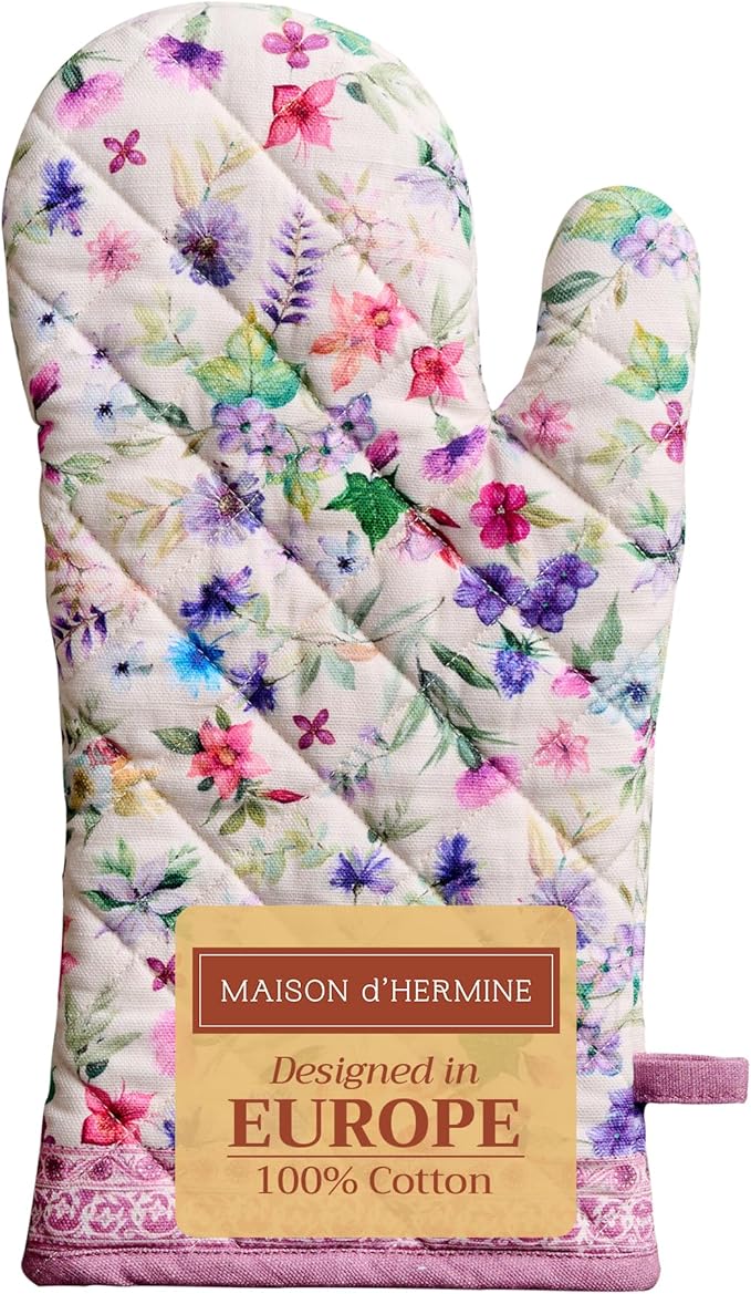 Maison d' Hermine Oven Gloves 100% Cotton Oven Mitt 7" x 13" with Loop Heat Resistant, BBQ, Cooking Gloves, Baking, Grilling, Kitchen, Handling Hot Pans Spring/Summer (Pack of 1, Chardon)