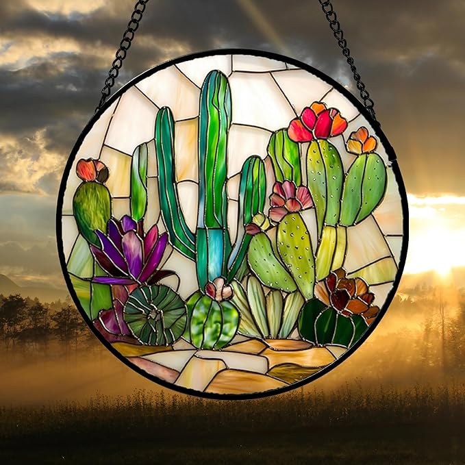 Stained Glass Window Hanging, White Green Cactus Suncatcher Diamond Glass Panel Hangings Sun Catchers Decor for Birthday for Women, Men, Wife, Aunt, and Mom 14.9x14.9 in
