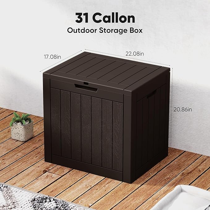 NEWBULIG 31 Gallon Outdoor Storage Box, Waterproof Deck Box with Lockable Lid, Patio Furniture Bench & Side Table, Easy Assembly, for Garden, Pool, Patio & Backyard Organization, Brown