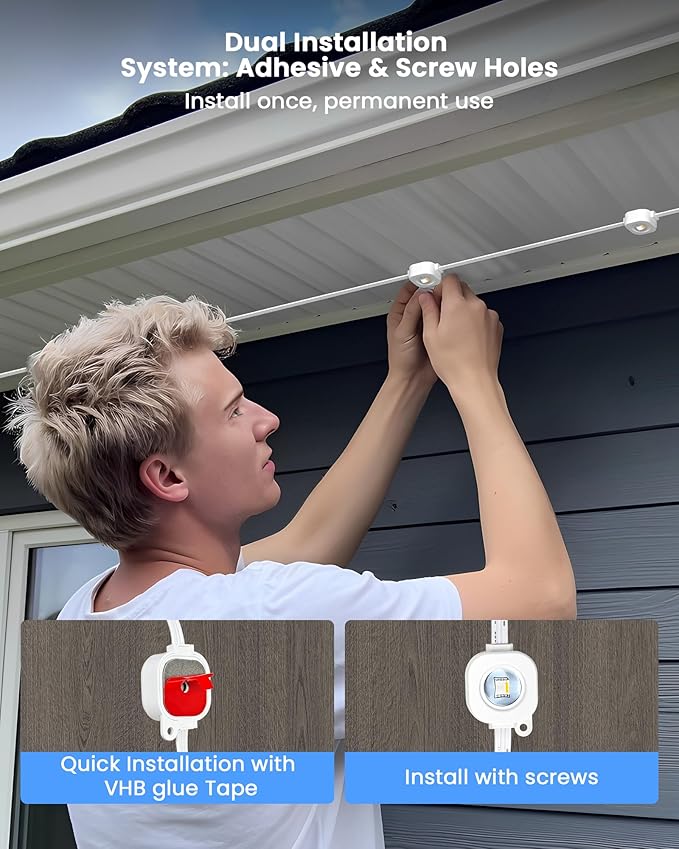 Gefolly Permanent Outdoor Lights Pro, 100ft with 60 RGBW Double-LED Lights 111 Scene Modes for Daily, Halloween, Christmas, IP67 Waterproof for Outdoor Decor, Works with Alexa, Google Assistant, White