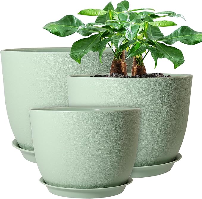 12/10/9 Large Modern Plant Pots, Plastic Planters with Drainage Holes and Saucers for Indoor Outdoor Plants Flowers, Green