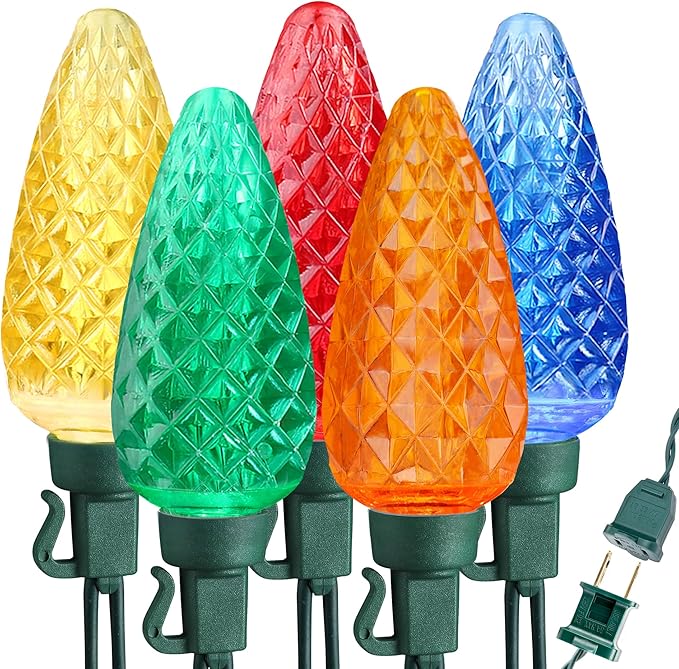 Brizled Colored Christmas Lights, 33ft 50 LED C9 Faceted Christmas Outdoor Lights, 120V UL Certified Tree Light, Connectable Xmas Roof Light for Christmas Tree Garden Yard Party Patio House Decor