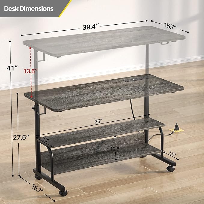 Height Adjustable Standing Desk with Power Outlets, 39" Manual Stand Up Desk with Storage Shelves Small Mobile Rolling Computer Desk Portable Laptop Table with Wheels for Home Office, Grey Oak