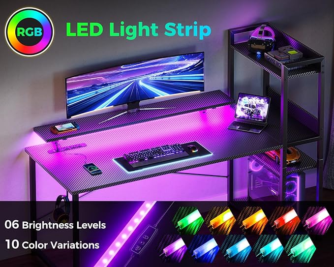 ODK Reversible 55 Inch Gaming Desk with USB Charging Port and LED Lights, Computer Desk with Storage Shelves and Monitor Stand, Study Table for Home Office, Morden Desk for Bedroom, Carbon Fiber Black