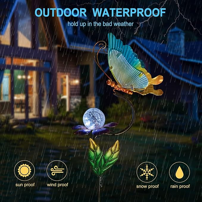 HONGLAND Solar Butterfly Garden Lights, Outdoor Lights Garden Decor for Outside, Flower Yard Decorations, Metal Yard Art for Patio Decor, Gifts for Mom