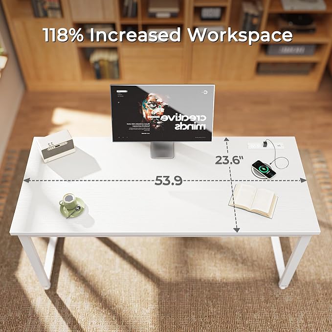 Huuger 55 x 24 inch Desk with Power Outlets & USB-C, Deeper & Thicker Desktop, Robust Metal Tubes, Computer Desk, Heavy Duty Office Desk, Work Gaming Desk for Home Office, White