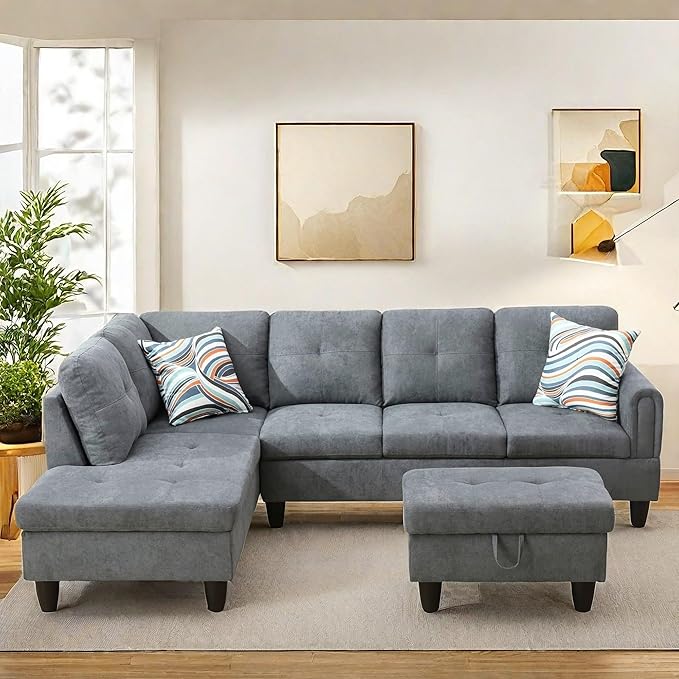 NAYSAYE Sectional Couch with Ottoman Storage, L Shaped Couch Sofa Furniture Sets, Modern Comfy Modular Comfy Sofa for Living Room Bedroom, Office and Apartment, Grey