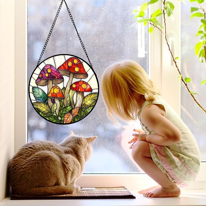 Stained Glass Window Hanging, Mushroom Leaves Suncatcher for Doors Home Sun Catchers Decoration and Christmas, Mother's Day Birthday Gifts for Women, Men, and Mom 7.8 in