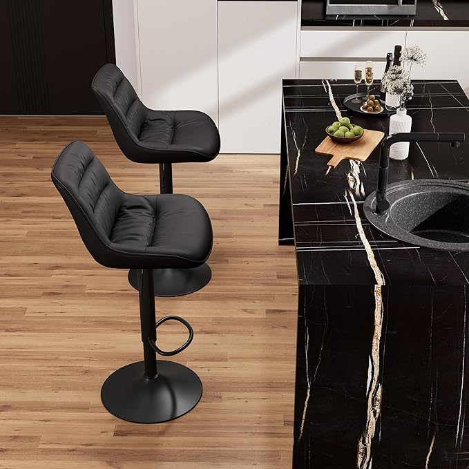 Kidol & Shellder Bar Stools Set of 2 Adjustable Swivel Black, PU Leather Upholstered with Back, Modern Counter Height Stools for Kitchen Island, Home Bar