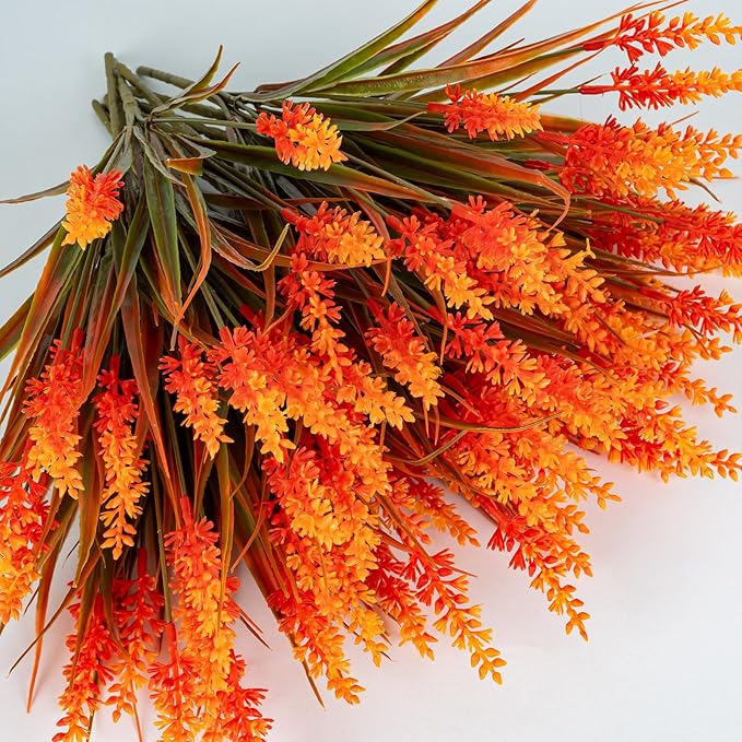 Artificial Fall Flowers for Outdoor Plants 24 Bundles Fake Lavender Plastic Faux Monkey Grass for Verandah Window Garden Office Patio Front Porch UV Resistant for Planter(Autumn Orange)