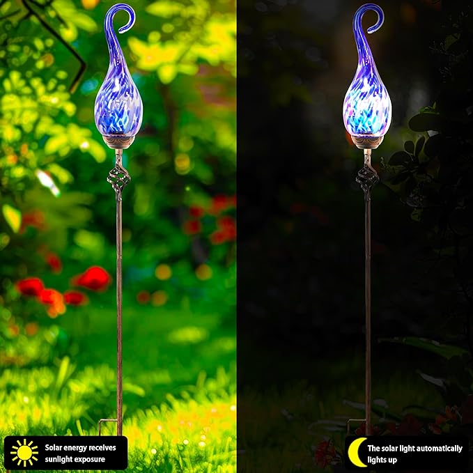 Garden Solar Lights Outdoor, Decorative LED Pearlized Glass Spiral Garden Stake with Finial, Hand Blown Glass and Metal Outdoor Decoration, 3 x 36 Inch (Dark Blue)