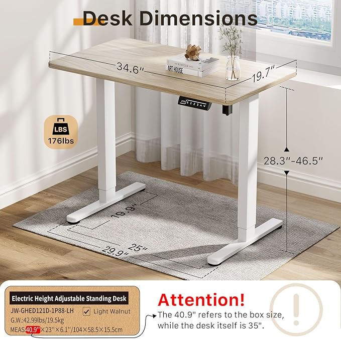 JOY worker Small Electric Standing Desk, 35" x 20" Whole Piece Height Adjustable Desk with Memory Controller, Light Walnut Sit to Stand Workstation for Home Office