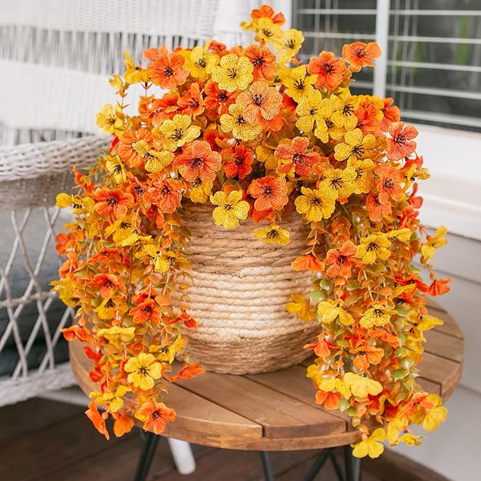 INSPRING Artificial Fall Flowers for Outdoors Decoration, 2Pcs Fake Fall Light Orange & Yellow Hanging Flowers, Faux Autumn Decor for Porch Patio Balcony Planter, Realistic Arrangement