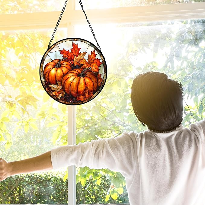 Stained Glass Window Hanging, Pumpkin Maple Leaf Suncatcher for Doors Home Sun Catchers Decoration and Christmas, Mother's Day Birthday Gifts for Women, Men, and Mom 6.3 in